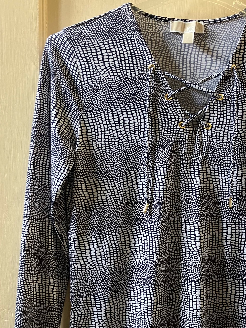 MICHAEL Michael Kors Navy and White Dot-Print Long Sleeve Tie Top